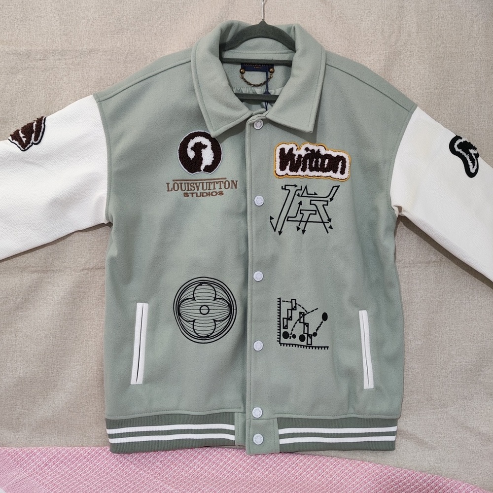 Louis Vuitton Sage Green and White Varsity Jacket with Logo Patches